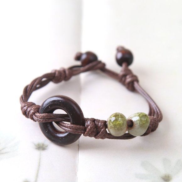 Ceramic Bead Charm Wood Bracelet BOHO Bolo - Picture 3 of 9